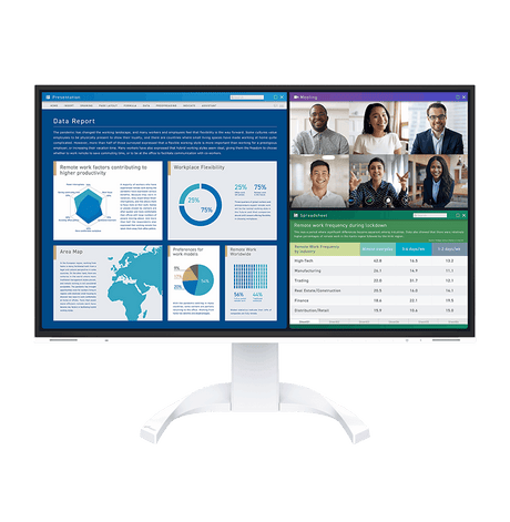 Monitor displaying a data report with charts and a video call interface on a white background