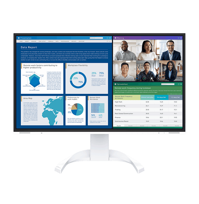 Monitor displaying a data report with charts and a video call interface on a white background