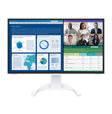 Monitor displaying a data report with charts and a video call interface on a white background