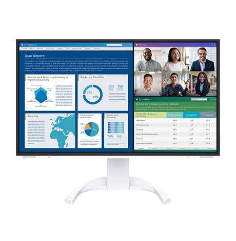 Monitor displaying a data report with charts and a video call interface on a white background
