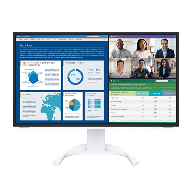 Monitor displaying a data report with charts and a video call interface on a white background