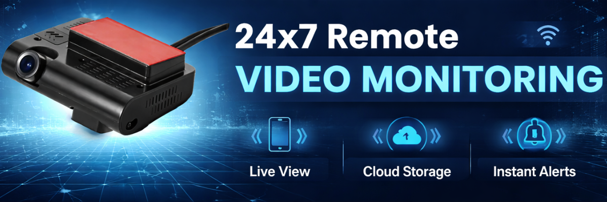 Video monitoring system with 24x7 remote video monitoring features on a blue background.