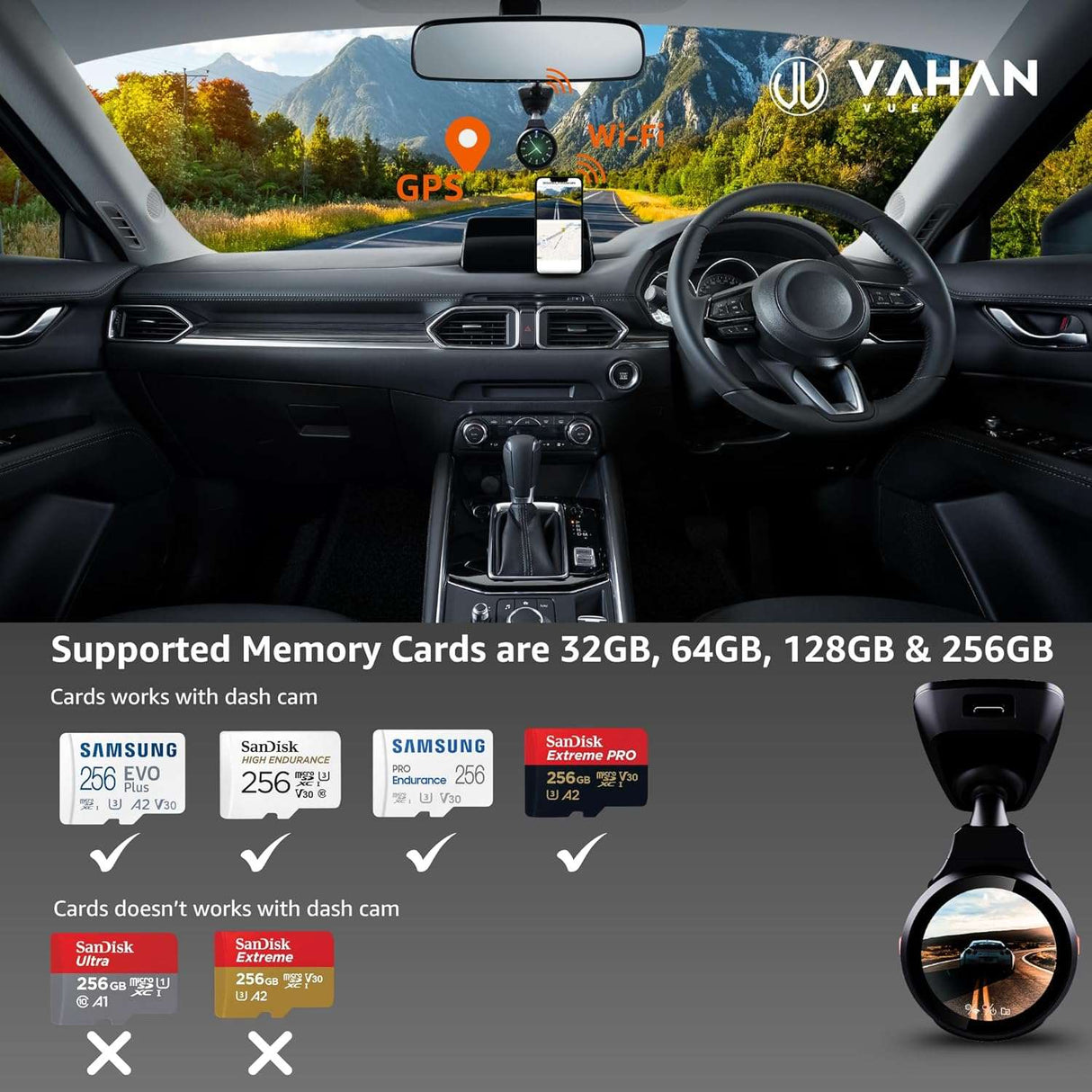 Car interior with a mounted device displaying Vahan branding and memory card compatibility information.