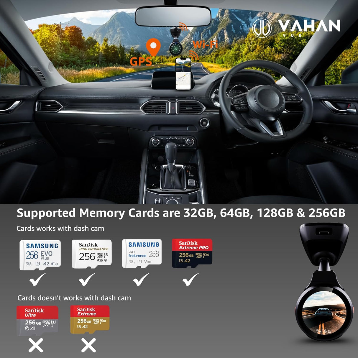 Car interior with a mounted device displaying Vahan branding and memory card compatibility information.