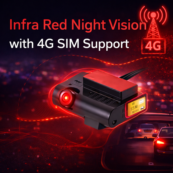 Car camera with infra red night vision and 4G SIM support on a dark background