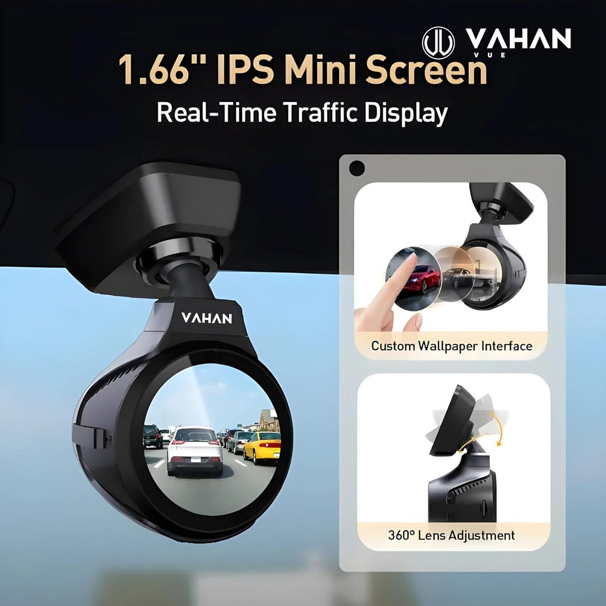 Vahan car monitor with 1.66" IPS mini screen and real-time traffic display features.