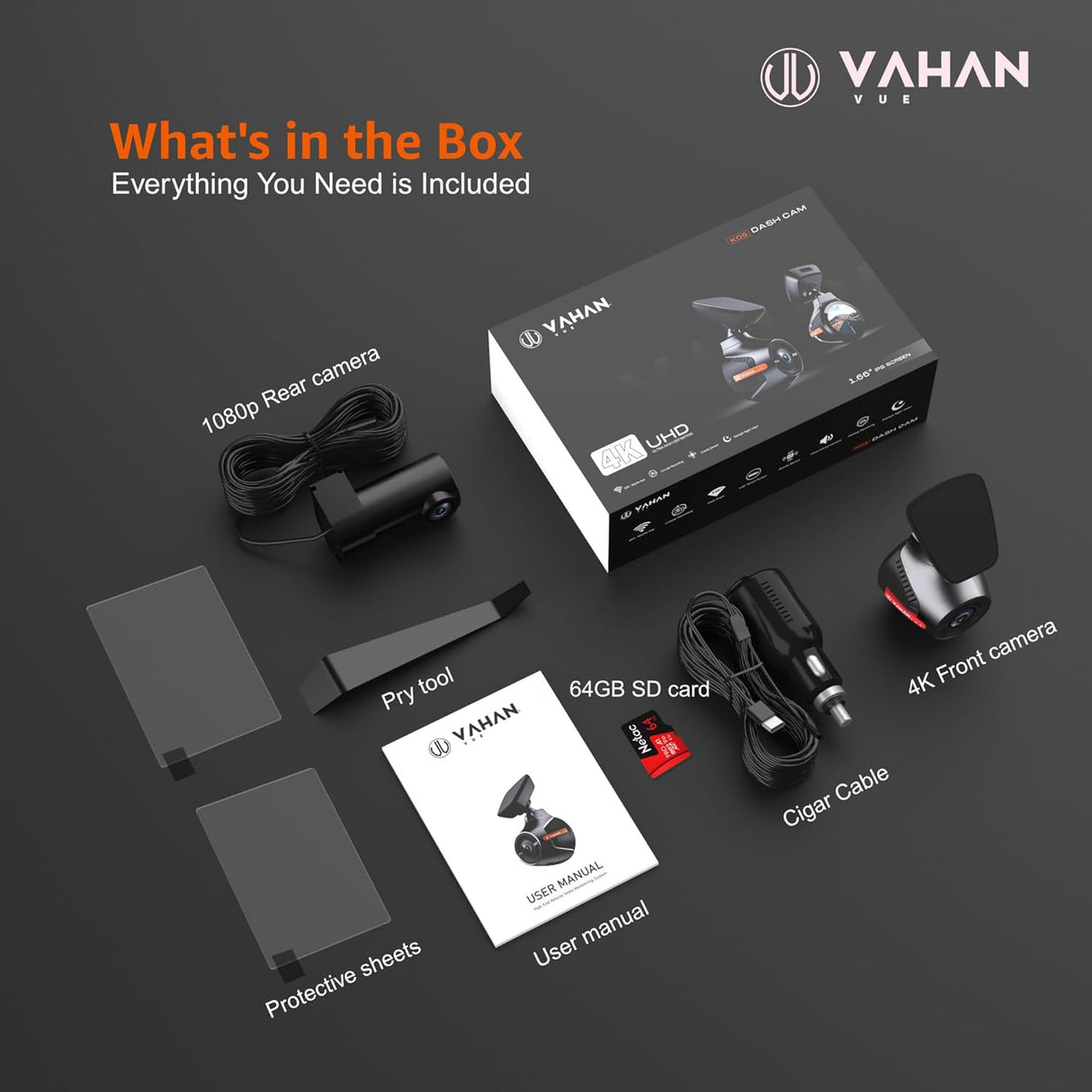 Vahan product box with all included items displayed on a dark background