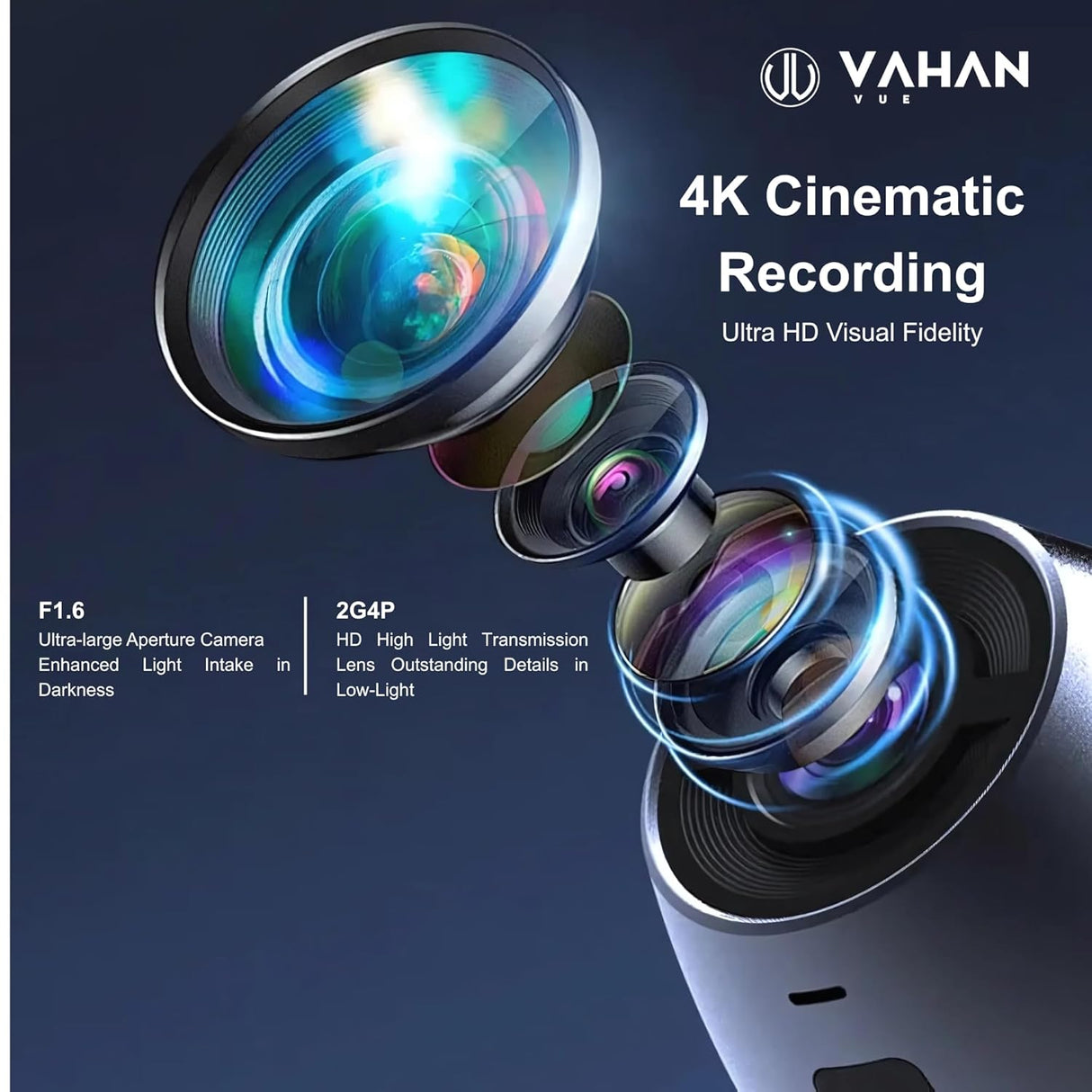 Camera lens with Vahan branding and 4K Cinematic Recording features on a dark background